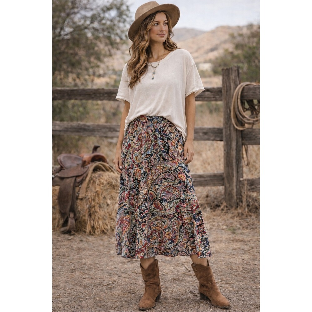 Vince Camuto Paisley Floral Midi Skirt Women's XL Boho Western Charm Lined Flowy